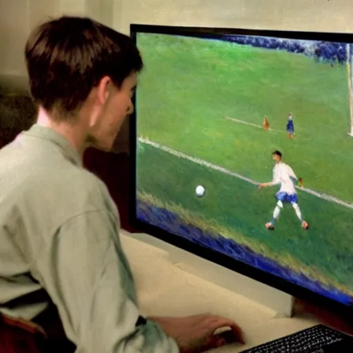 Image similar to monet painting of a skinny man playing warzone on a computer, a soccer game is on the tv behind him, highly detailed, realistic,