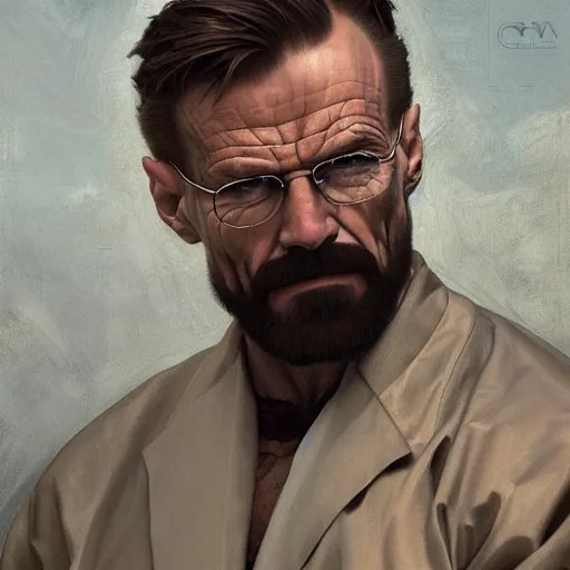 Image similar to the ultimate gigachad, incredibly muscular walter white, walter white with chiseled jawline, trending on / r / moreplatesmoredates, oil on canvas artstation by j. c. leyendecker and edmund blair leighton and charlie bowater octane render