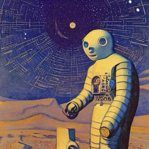 Image similar to illustration of the man in the moon as a robot, by nicholas roerich and donato giancola and dulac, sharp focus, very detailed, starry sky, geometric ornament, dramatic lighting