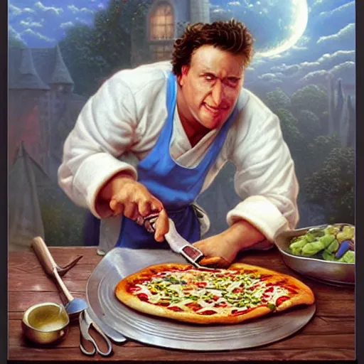 Prompt: poster artwork by Michael Whelan Rendering of a chef using weird tools on his pizza, full of details by thomas kinkade, Matte painting, trending on artstation,