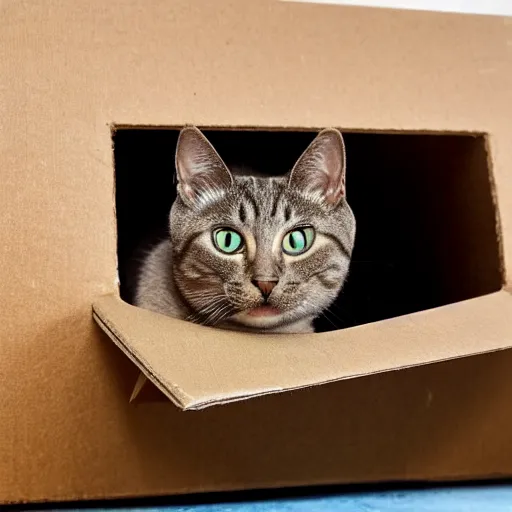 Image similar to cat sticking his head out of a small hole in a cardboard box