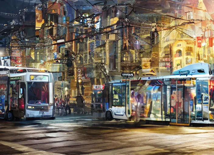 Image similar to trolleybus stands at a stop, headlights shine with neon light, atmospheric, futuristic, cyberpunk, ray tracing global illumination, 8 k resolution, ultra detailed