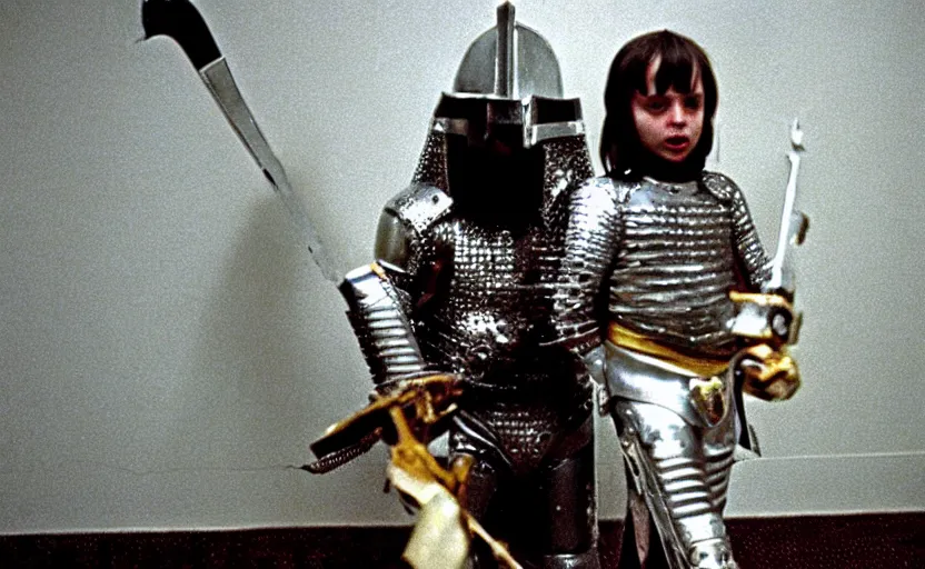 Prompt: Knights with heavy metal armor starring in the shining by stanley kubrick, shot by 35mm film color photography