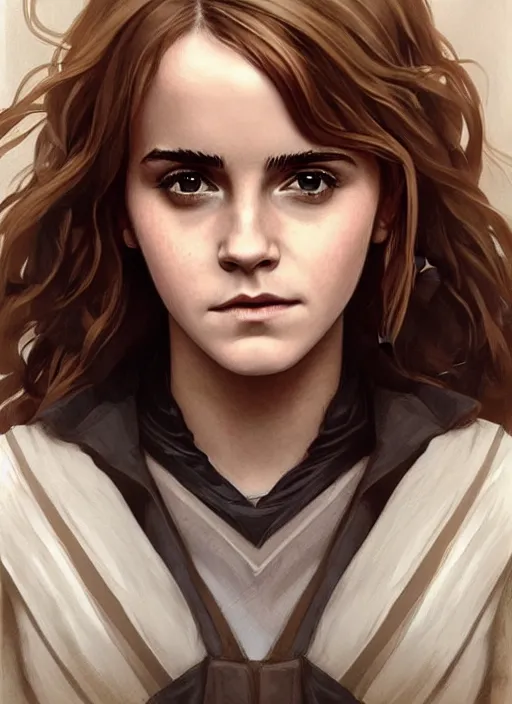 Image similar to emma watson as hermione granger at hogwarts!!!. beautiful detailed face. by artgerm and greg rutkowski and alphonse mucha