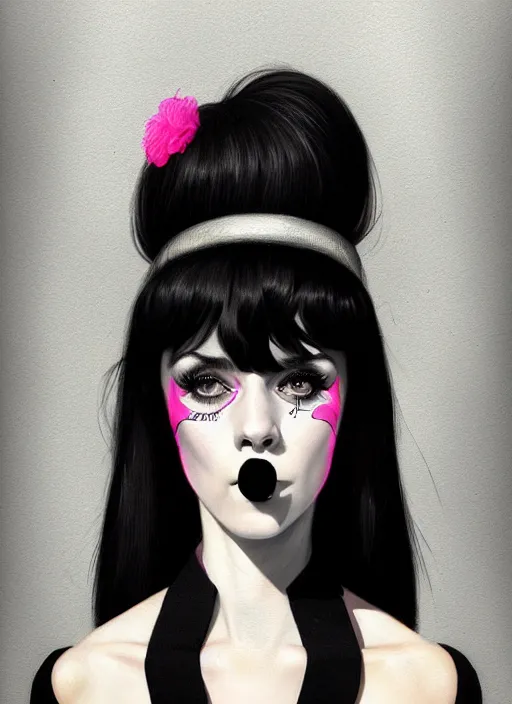 Image similar to portrait of a fun young woman with a crooked nose and a confident expression, 1 9 6 0 s, black clothes, goth, punk, brightly coloured hair, funk, intricate, elegant, highly detailed, digital painting, artstation, concept art, smooth, sharp focus, illustration, art by wlop, mars ravelo and greg rutkowski