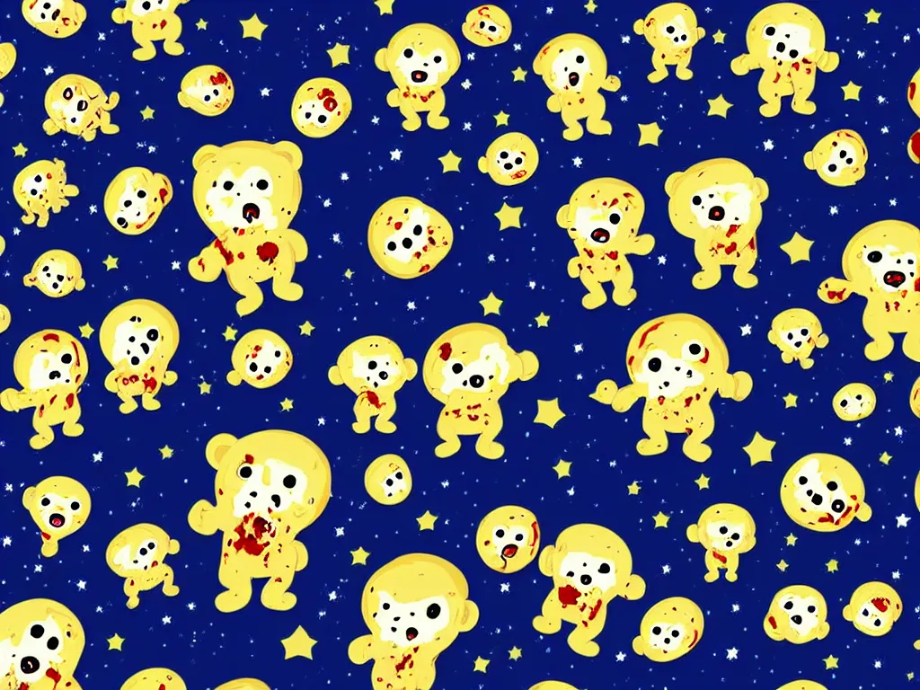 Image similar to happy zombie teddy bears floating in space, cartoon illustration, detailed, sarcastic