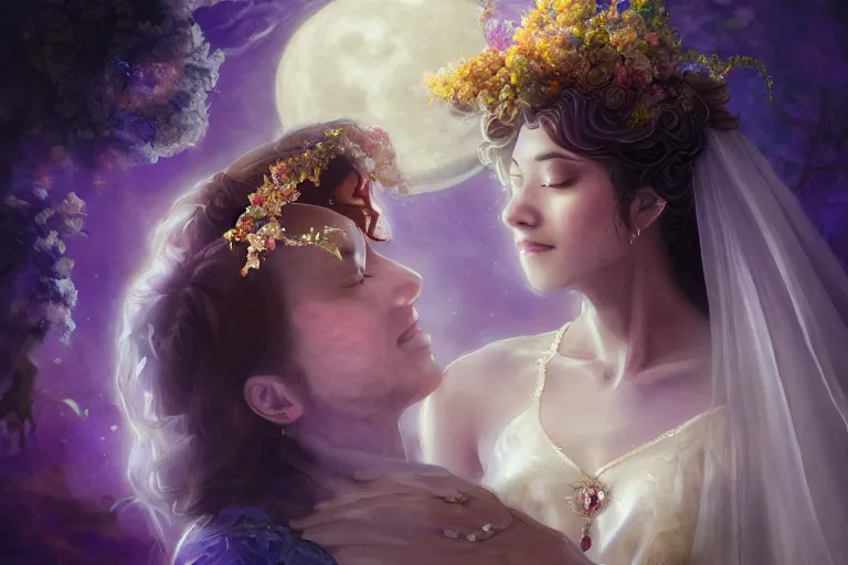 Image similar to a dreamlike cinematic portrait of wedding photograph close up moment of a divine a russia sun god and moon goddess lovers magician at a wedding banquet. portraiture. digital painting. artstation. concept art. fantasy wedding photo. digital painting, 8 k realistic, hyper detailed, violet evergarden art masterpiece by art by krenz cushart