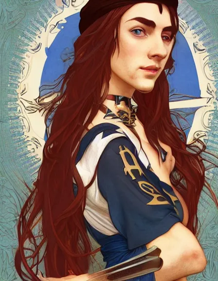 Image similar to fully clothed armed female pirate captain with a male deckhand partner, sun, summer, blue eyes, beauty, wisdom, love, strength, knowledge, smart, portrait, symmetrical, highly detailed, digital painting, artstation, smooth, sharp focus, illustration, strength, art by artgerm and alphonse mucha and louis theophile hingre. 8 k