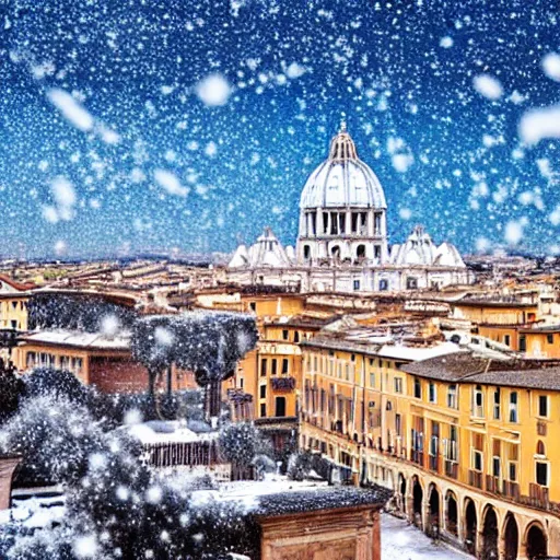 Prompt: The city of Rome under the snow on August. It's snowing everywhere on the entire cityscape of Rome under a blue sky and a very hot sun. It's crazy hot.