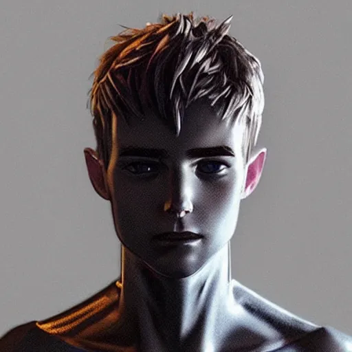 Image similar to “a realistic detailed photo of a guy who is an attractive humanoid who is half robot and half humanoid, who is a male android, twitch streamer Ninja Tyler Blevins, shiny skin, posing like a statue, blank stare, gaming room”