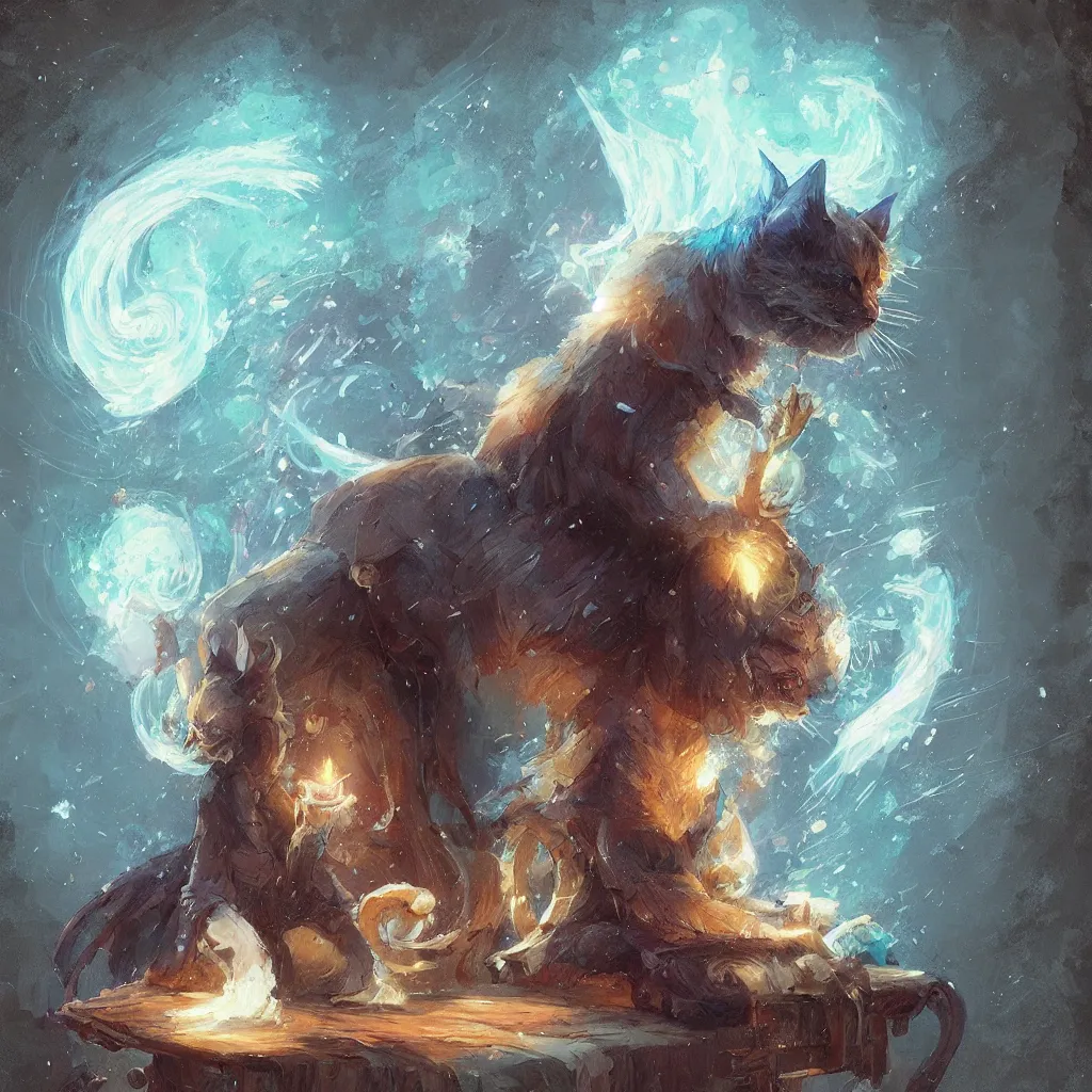 Prompt: anime cat with cloak sitting on a magical wood carved chair, super powers, glowing tiny blue lines, concept art, by greg rutkowski, overdetailed art