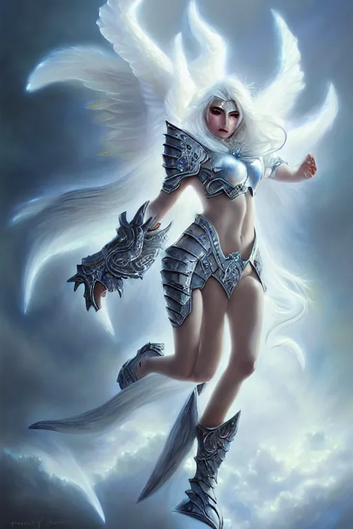 Image similar to oil painting, white, sakimi chan, fantasy armor, detailed face, flying, tony sart, wind, lightning, dramatic lighting