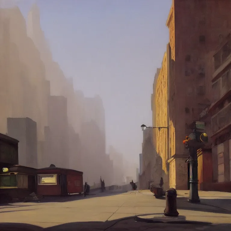 Image similar to trash flowing everywhere, piles of trash, city fog, early morning, , painted by Edward Hopper, painted by Wayne Barlow, airbrush