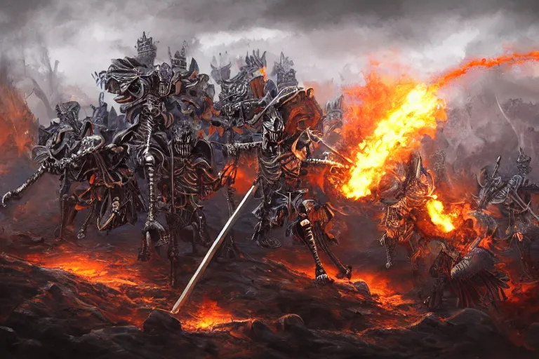 Image similar to skeleton knights spontaneously combusting, digital painting, mixed media, trending on artstation and deviantart, epic composition, centered, sharp focus, magnum opus, highly detailed, 8 k