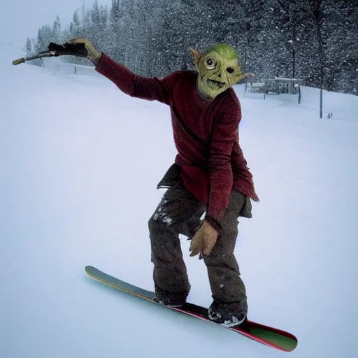 Image similar to Gollum on snowboard with cigarette in mouth