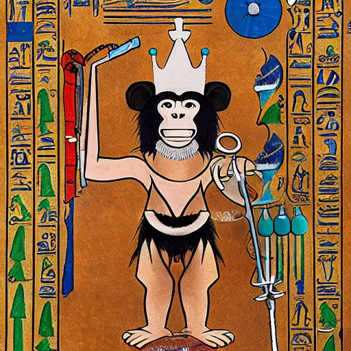 Prompt: A body art that features a chimpanzee surrounded by a castle turret. The chimp is shown wearing a crown and holding a scepter, and the castle is adorned with banners. ancient egyptian papyrus, Sumerian by Jesper Ejsing, by Warren Ellis, by John Harris ghostly