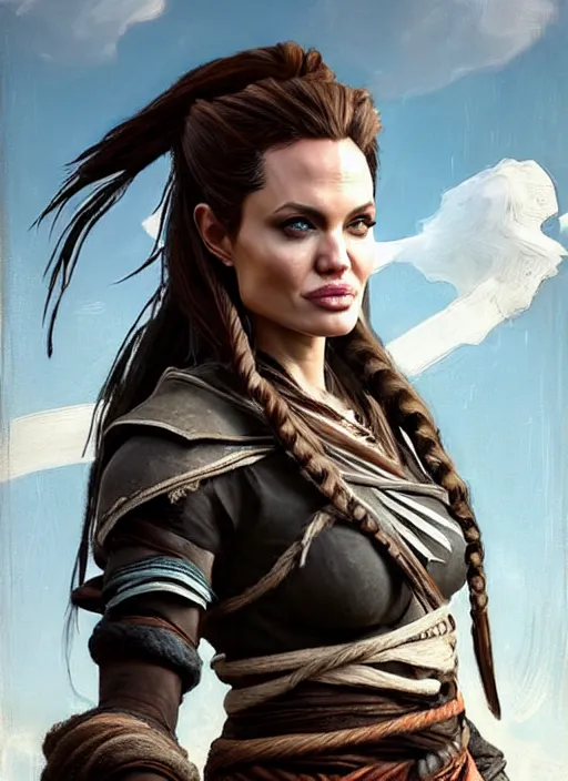 Prompt: angelina jolie appearance with black braided hair as aloy from horizon zero dawn in the style of assassins creed, countryside, calm, fantasy character portrait, dynamic pose, above view, sunny day, thunder clouds in the sky, artwork by jeremy lipkin and giuseppe dangelico pino very coherent asymmetrical artwork, sharp edges, perfect face, simple form, 1 0 0 mm