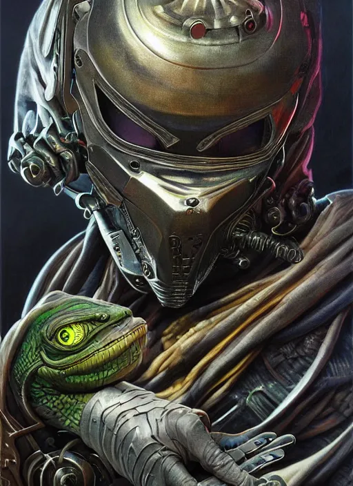 Image similar to cybernetic dj mf doom reptile eyes, metal colorful skin. intricate, elegant, highly detailed, centered, digital painting, artstation, concept art, smooth, sharp focus, illustration, artgerm, tomasz alen kopera, peter mohrbacher, donato giancola, joseph christian leyendecker, wlop, frank frazetta