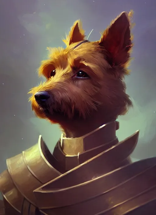 Image similar to norwich terrier as an knight, backround dark, highly detailed, digital illustration, trending in artstation, modern painting, smooth, sharp focus, intricate, by peter mohrbacher