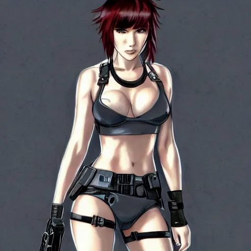 Image similar to concept art illustration of young japanese christina hendricks natalie portman as lara croft motoko kusanagi anime protagonist, wearing tokyo harajuke street fashion combat warrior fantasy bikini, intricate, elegant, art by artgerm and rosstran, masamune shirow