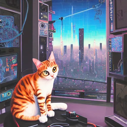 Image similar to a painting of a cat wearing oculus rift with a city in the background, cyberpunk art by hikari shimoda, trending on artstation, panfuturism, dystopian art, circuitry, sci - fi