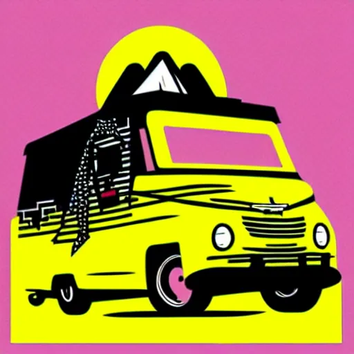 Image similar to white and black cute thor chateau! motorhome camper!!, mountains, colorful sunset!!, stencil, sticker!! by tom whalen