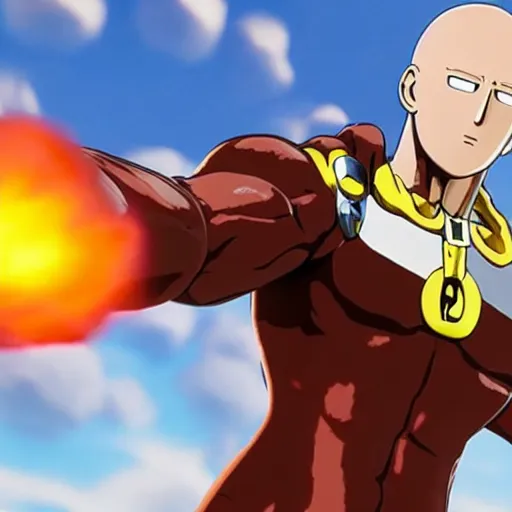 Image similar to one punch man in fortnite, character render, full body shot, highly detailed, in game render