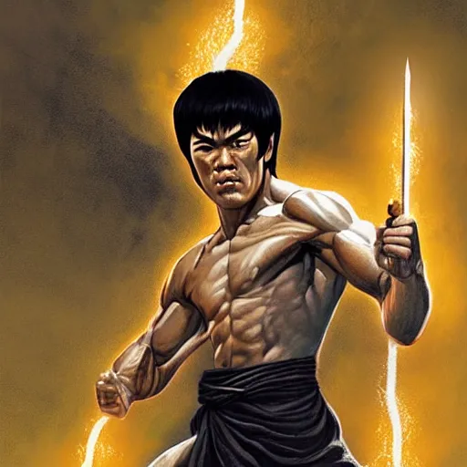 Image similar to bruce lee as the greek god of lightning, highly detailed, by artgerm and greg rutkowski