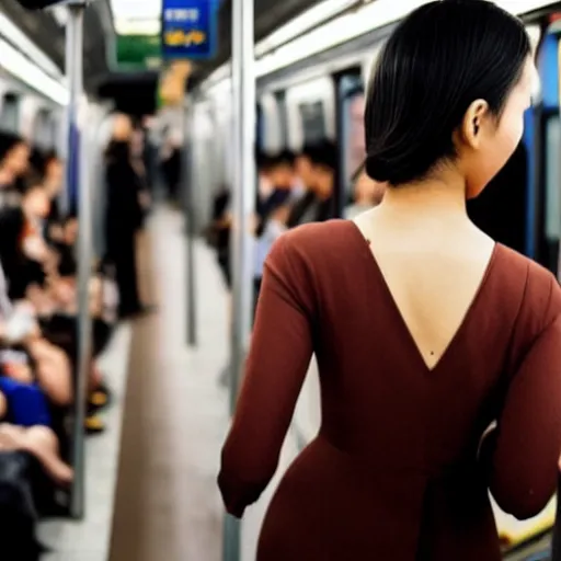 Image similar to a asian girl with backless dress in a crowded subway train