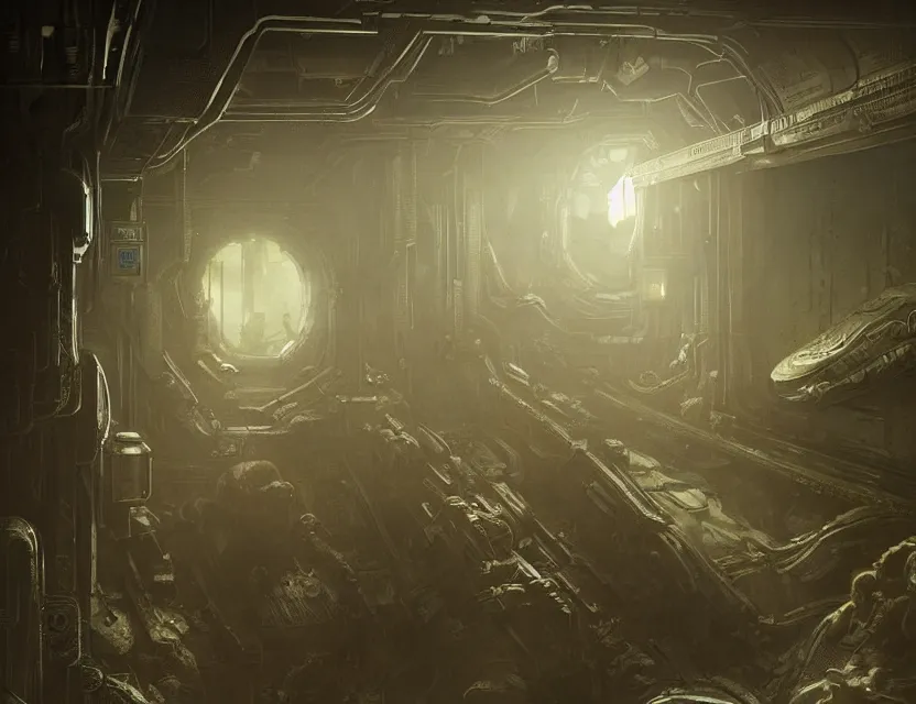 Image similar to a claustrophobic crawlspace inside a station from alien isolation, art by ryo shiotani and greg rutkowski, intricate, beautiful, cute, cinematic lighting, vintage art by serge ivanoff, high resolution, very detailed