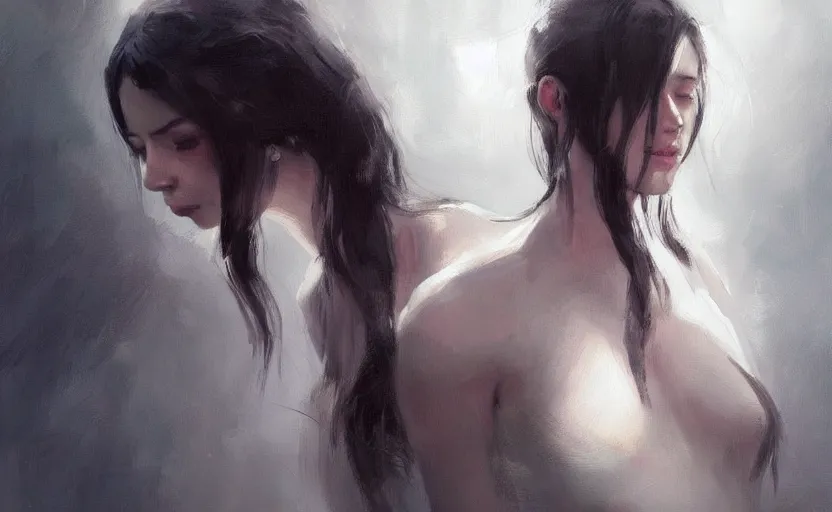 Prompt: a painting of aki trending on artstation in the style of greg rutkowski, beautiful, sensuality, natural, horns on head, long black hair, portrait