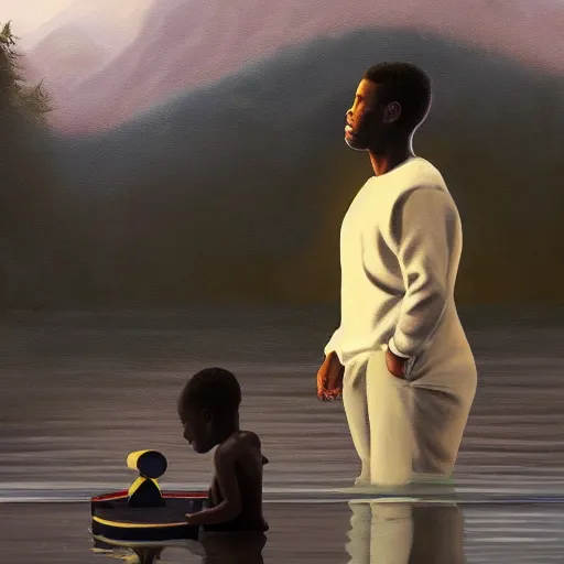 Image similar to a retro realistic painting of a ghost!!! shining in a lake while a black kid! stares at it with a florest! in the background, a scenic view, realistic, volumetric light, octane render, detailed oilpainting painting by Naudline Cluvie Pierre, trending on artstation.