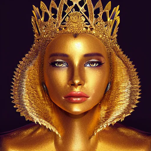 Image similar to queen of gold, 4 k, intricate, jaw dropping, gorgeous, surreal, octane render