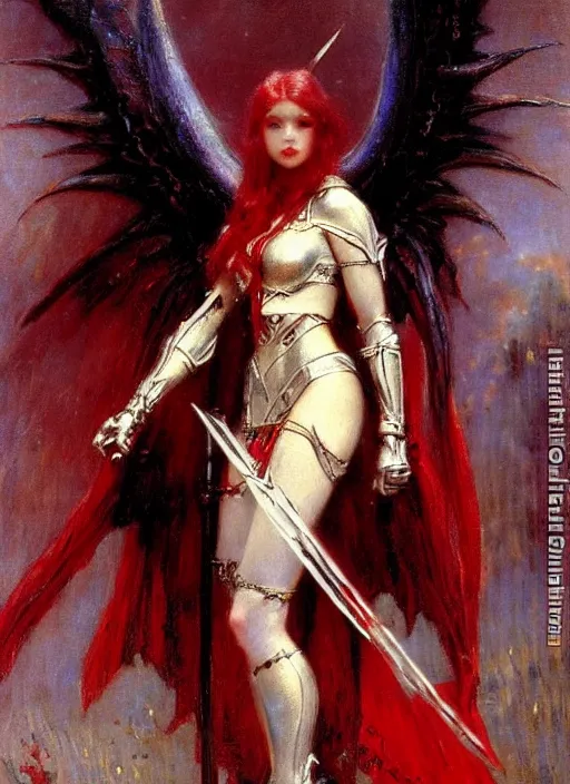 Image similar to angel knight gothic girl in dark and red dragon armor. by gaston bussiere