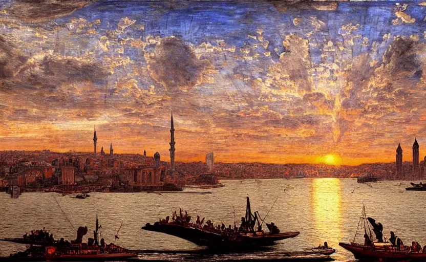 Image similar to skyline of istanbul at sunset, by edgar maxence and caravaggio and michael whelan and delacroix style, artistic, intricate drawing, cinematic lighting, hyper realistic, extremely detailed, establishing shot, 8 k resolution, dramatic lighting