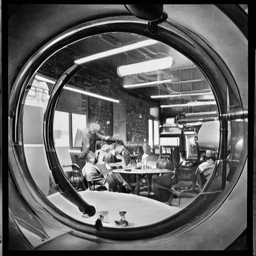 Image similar to the view from inside an old vacuum tube from 1 9 5 5, looking out into a coffee break room filled with nerds, photo realistic, hyper detailed,