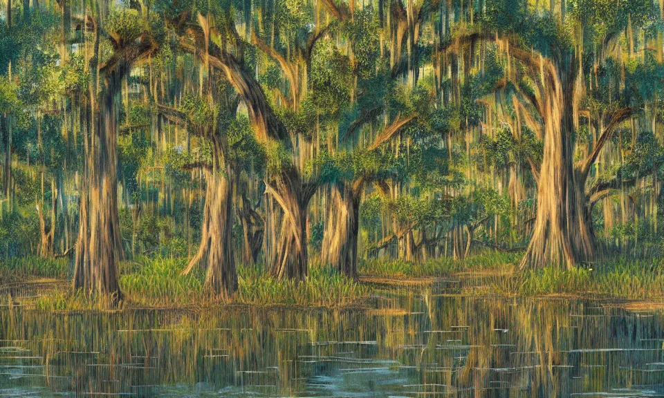 Prompt: A baldcypress marsh in the bayous of Louisiana, Cajun fishing village. Trending on Artstation. Illustration by Walt Disney