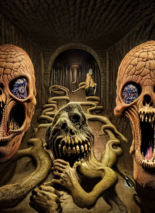 Prompt: detailed image of a creepy natural museum exhibition by richard corben, rich deep colors. masterpiece . intricate artwork, very coherent symmetrical artwork, cinematic, hyper realism, high detail, auschwitz camp, octane render, unreal engine, 8k, Vibrant colors, Smooth gradients, High contrast, depth of field. by Katsuhiro Otomo, full body character drawing, inspired by Evangeleon, clean ink detailed line drawing, intricate detail, extremely detailed.