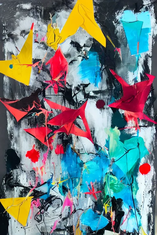 Prompt: abstract expressionist painting, paint drips, acrylic, wildstyle, clear shapes, maximalism, smeared flowers, origami crane drawings, oil pastel gestural lines, large triangular shapes, painting by ashley wood