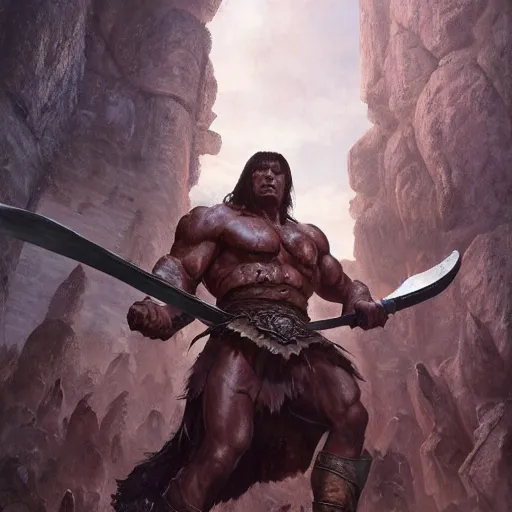 Image similar to Conan the Barbarian, 4k oil on linen by wlop, artgerm, andrei riabovitchev, nuri iyem, james gurney, james jean, greg rutkowski, highly detailed, soft lighting 8k resolution