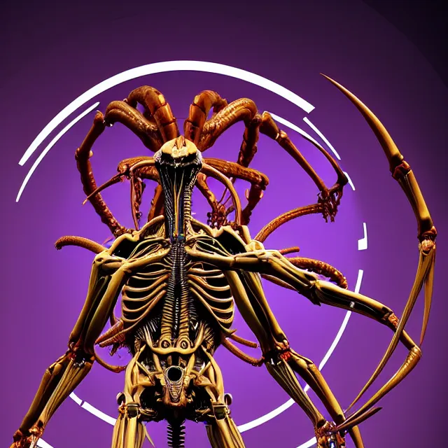 Image similar to full profile of evangelion xenomorph as circular vitruvian man by biomechanical, ultra wide angle, full body, no crop, golden ratio, ultra details