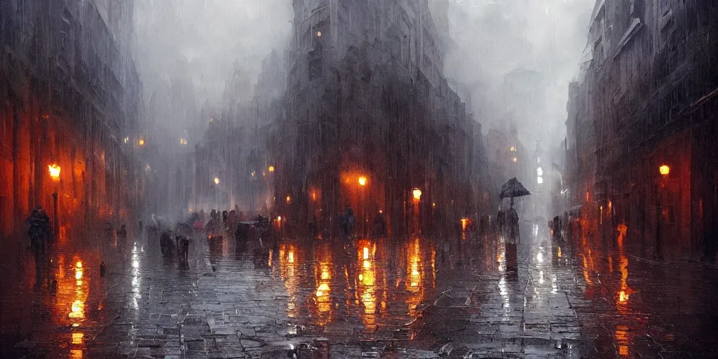Prompt: an oil painting of a downpour in the middle of the street of a medieval city, moody lighting, fog, dark fantasy, by greg rutkowski, trending on artstation