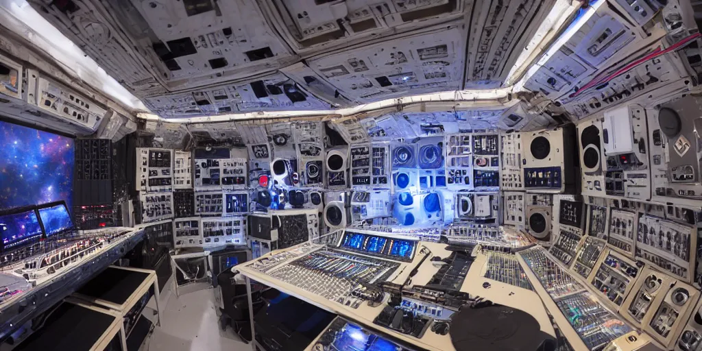 Image similar to giant speaker system music recording studio in the interior of an international space station. filled with electronic dj equipment, modular synthesizer with cables everywhere. hologram antimatter projection system. photorealistic 35mm 4k cgsociety