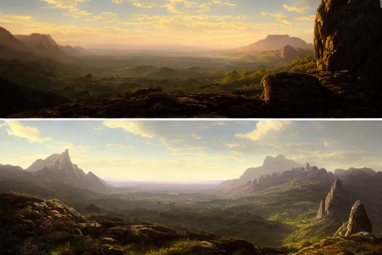 Prompt: view on top of a rocky hill overlooking a large valley, at dusk, very detailed moody, matte painting, volumetric lighting, rocky, stunning detail, 4k, hd, clean, full of detail, sharp focus, rule of thirds by Makoto Shinkai, albert bierstadt, thomas moran, Karol Bak, trending on artstation