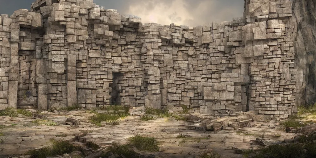 Image similar to beautiful matte painting of a giant wall made from stone bricks by weta workshop 8 k, cinematic dramatic atmosphere, dramatic lighting