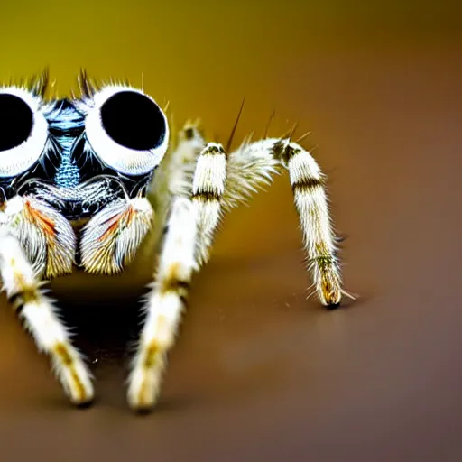 Prompt: a spider with one eye, close-up shoot, background white, camera reflection on spider's eye