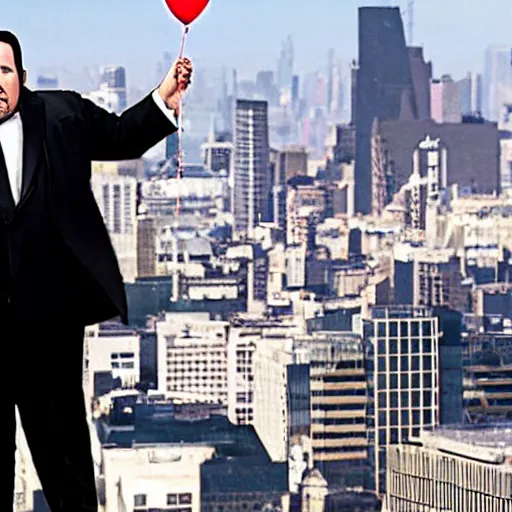 Prompt: clean-shaven Jon Favreau as Happy Hogan wearing a black suit and black necktie holding onto a bunch of helium balloons as he floats high above a city, top-down view