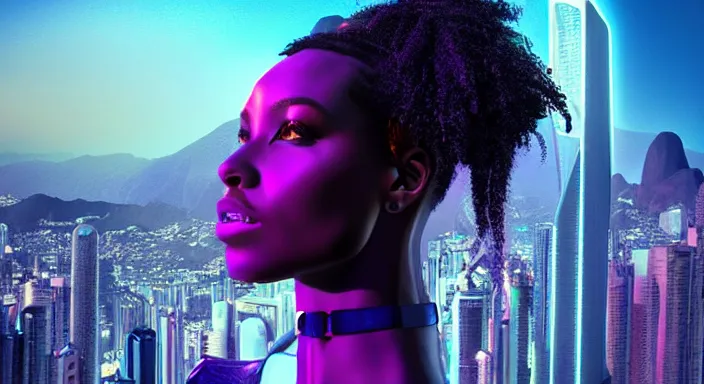 Image similar to portrait of beautiful cyberpunk black woman, rio de janeiro!! pao de acucar!! corcovado ipanema!! on the background, soft purple lighting digital art trending on artstation concept art