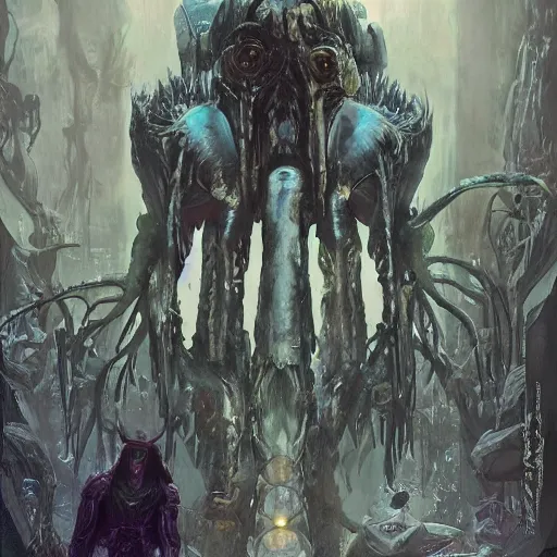 Prompt: a fantasy style portrait painting of a extremely strange and incomprehsible alien with a futuristic background and dramatic lighting oil painting unreal 5 daz. rpg portrait, extremely detailed wayne barlowe michael whelan greg rutkowski greg hildebrandt tim hildebrandt michael whelan h r giger moebius