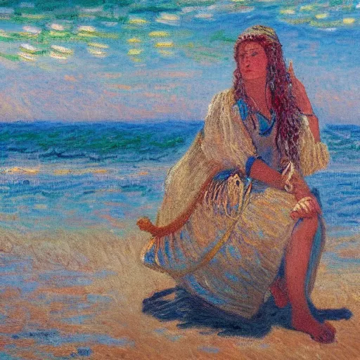 Prompt: painting of a viking woman getting a sun tan on a tropical beach, intricate, 8 k, in the style of claude monet, high detal